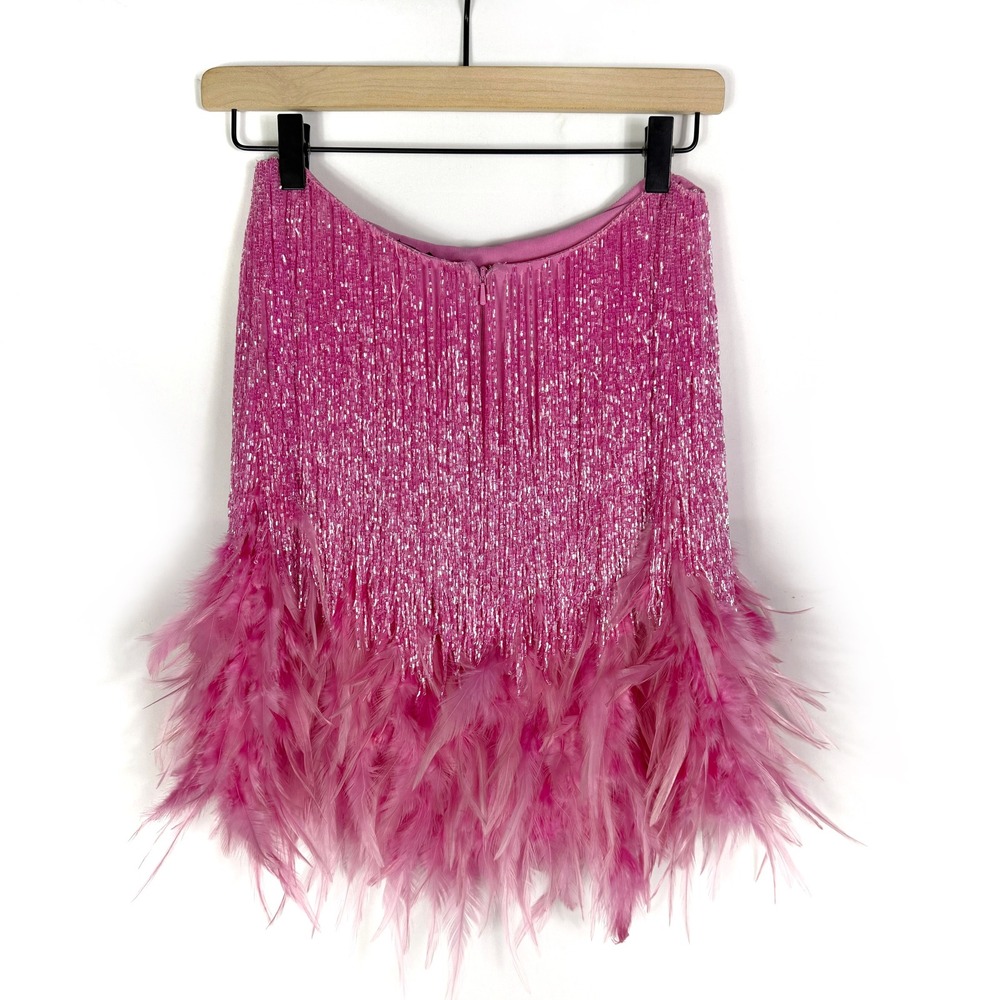 Nadine Merabi Sara Mini Skirt Pink Beaded Fringe Feather Trim Women Sz S/M - Picture 9 of 12